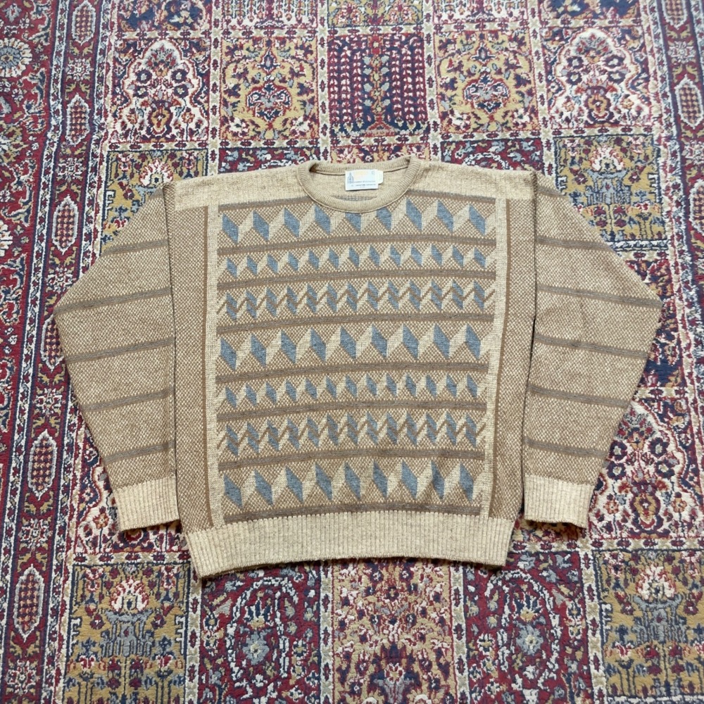 VTG 70s 80s London Fog Geometric Knit Brown Blue Wool Blend Sweater L USA Stripe